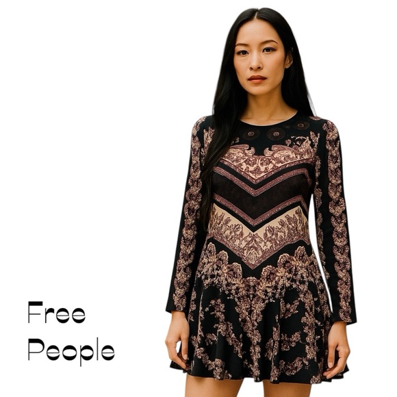 Free People Black Burgundy Boho Hippie Festival Cut Out Mini Dress NWOT Size S - Picture 1 of 12